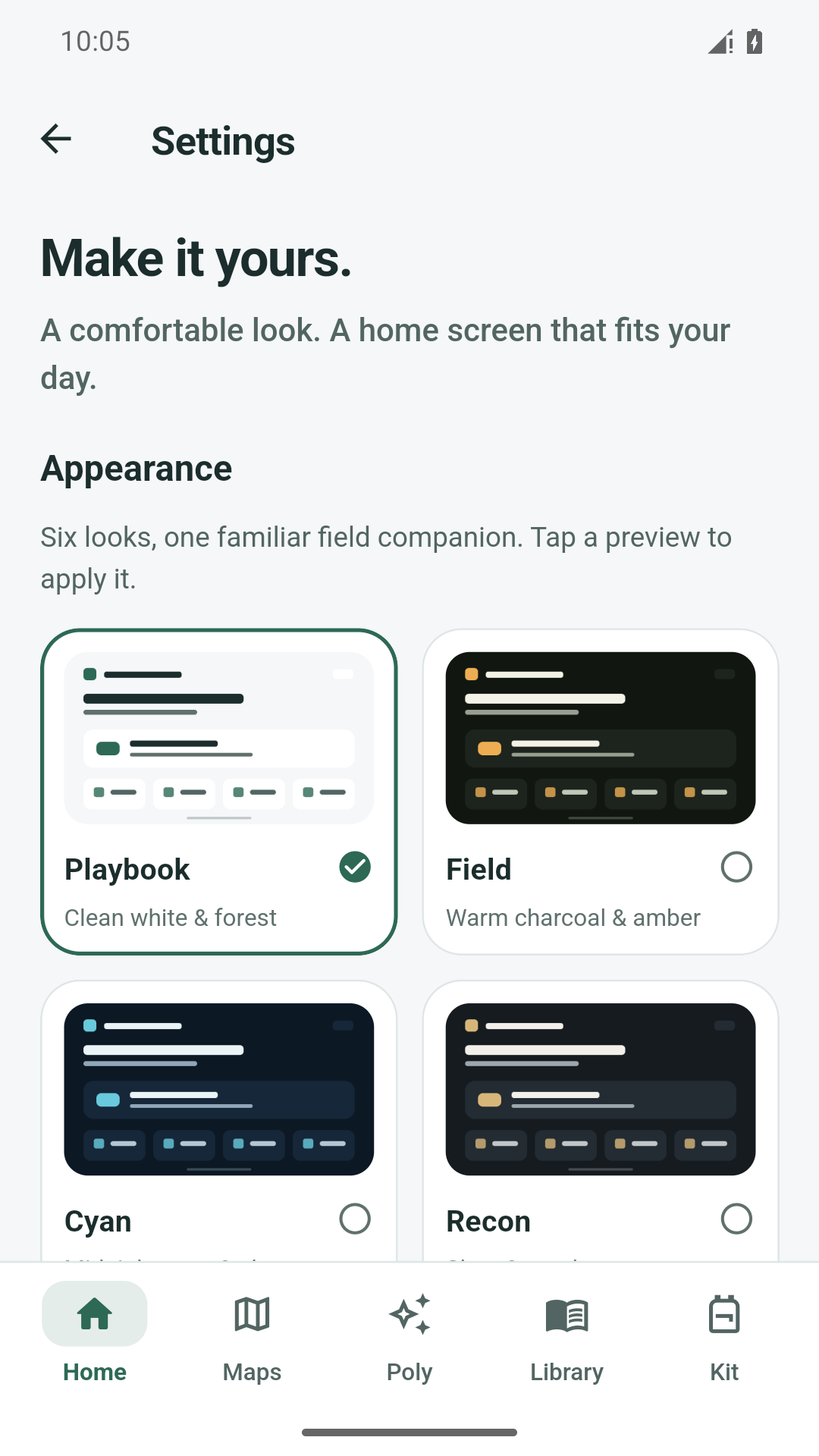 Actual RuggedIQ Settings screen showing the Playbook, Field, Cyan and Recon theme options.
