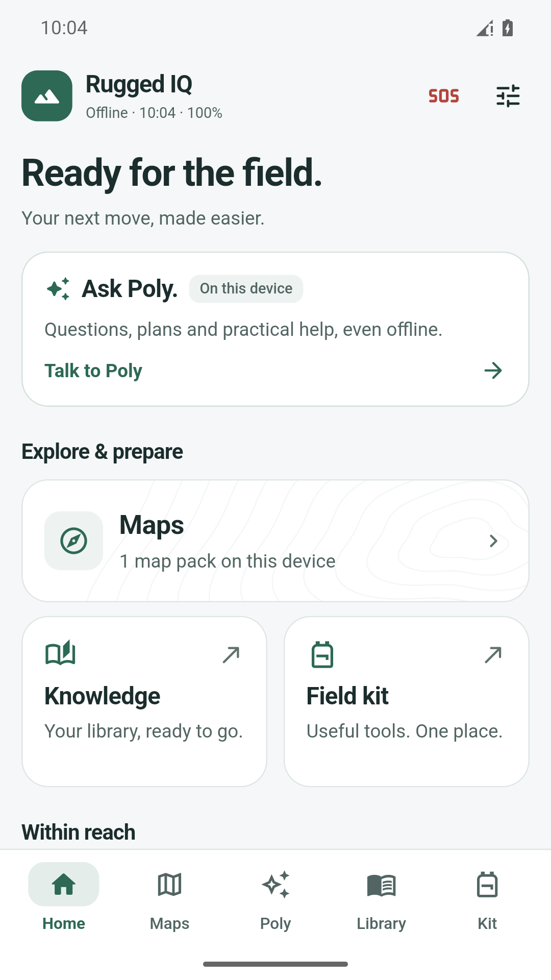 RuggedIQ's actual Playbook home screen, with Ask Poly, Maps, Knowledge, Field kit and five navigation tabs.