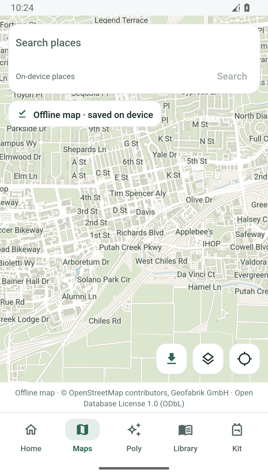RuggedIQ displaying the downloaded Davis map offline, with roads, buildings and source attribution.